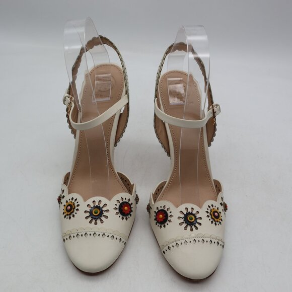 Tory Burch Marguerite Perforated Slingback Heels Women's Size 8.5 Ivory Floral - Picture 2 of 12